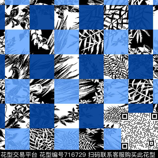 格子黑白植物几何传统印花华亿平台下载（图片编号: 716729） - 瓦栏（Walan）