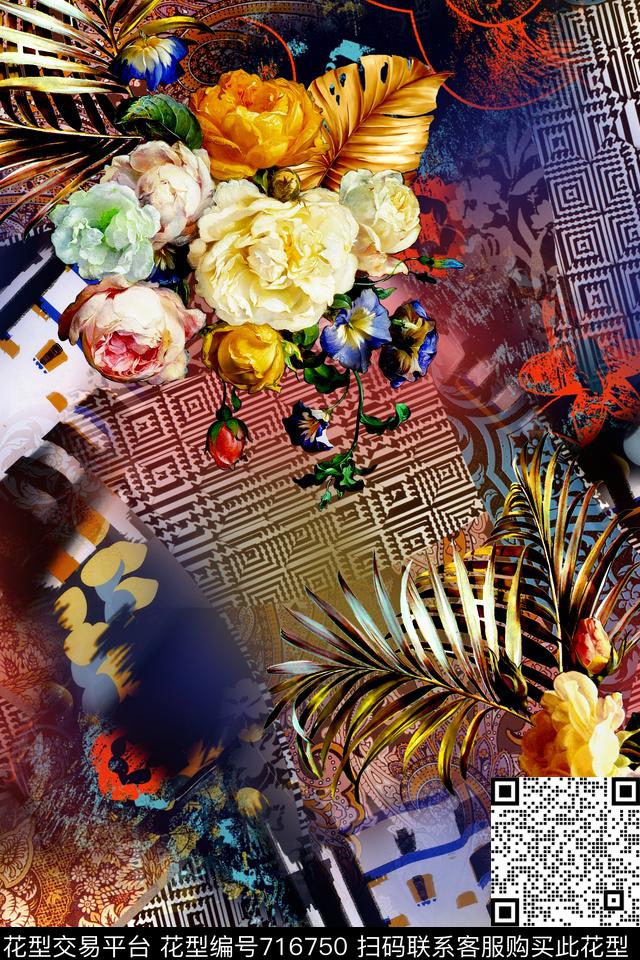 时尚炫彩花卉数码印花华亿平台下载（图片编号: 716750） - 瓦栏（Walan）
