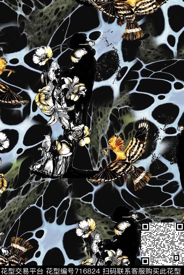 鸟儿花卉抽象数码印花华亿平台下载（图片编号: 716824） - 瓦栏（Walan）
