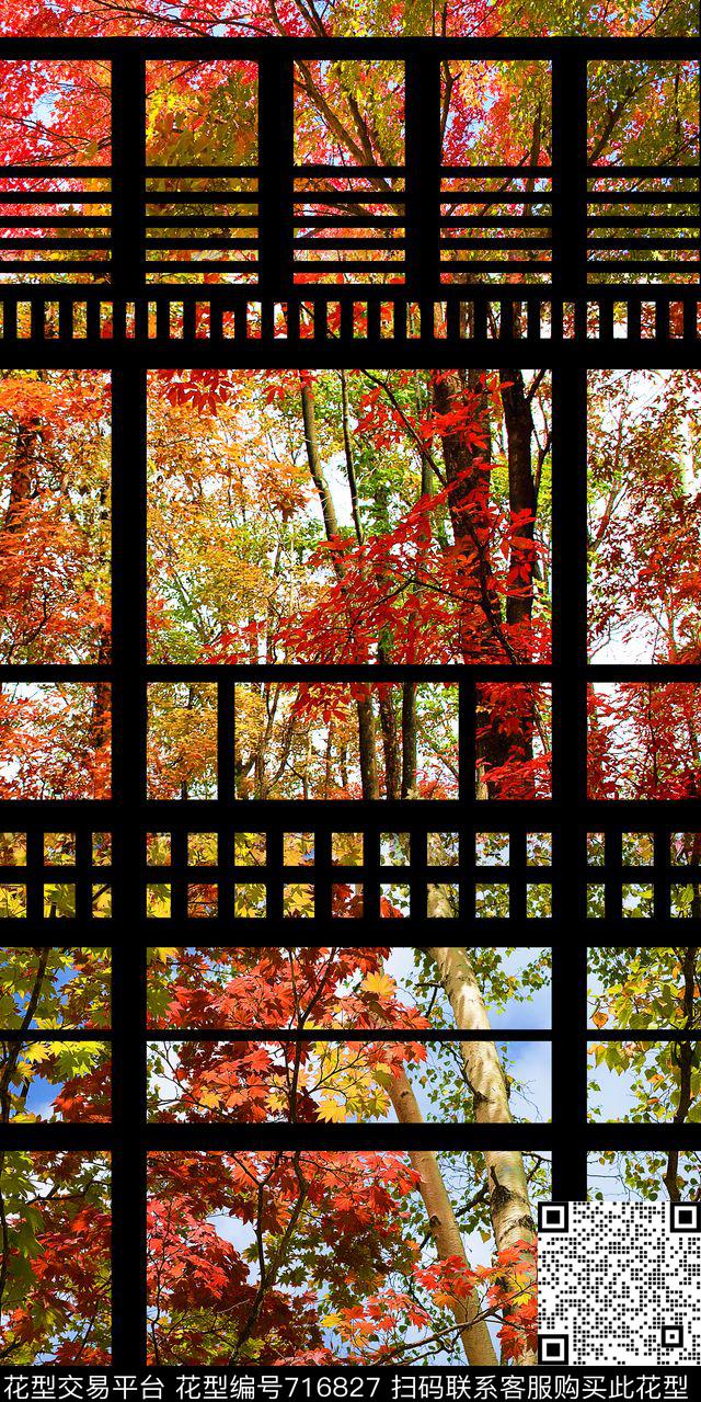 几何条纹枫树林建筑解构数码印花华亿平台下载（图片编号: 716827） - 瓦栏（Walan）