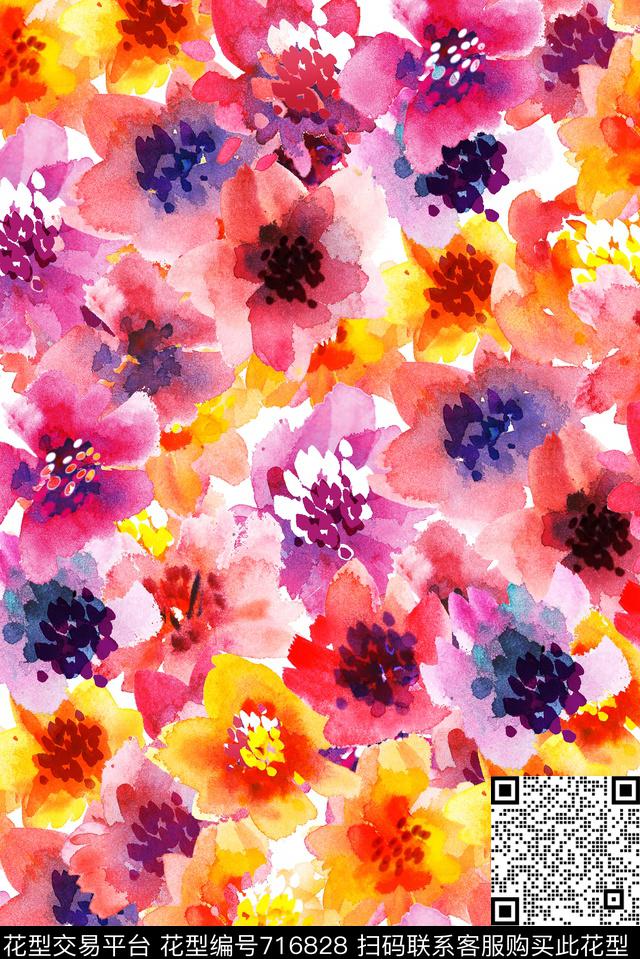 手绘水彩花卉数码印花华亿平台下载（图片编号: 716828） - 瓦栏（Walan）