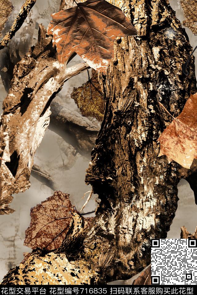叶子梧桐叶树干数码印花华亿平台下载（图片编号: 716835） - 瓦栏（Walan）