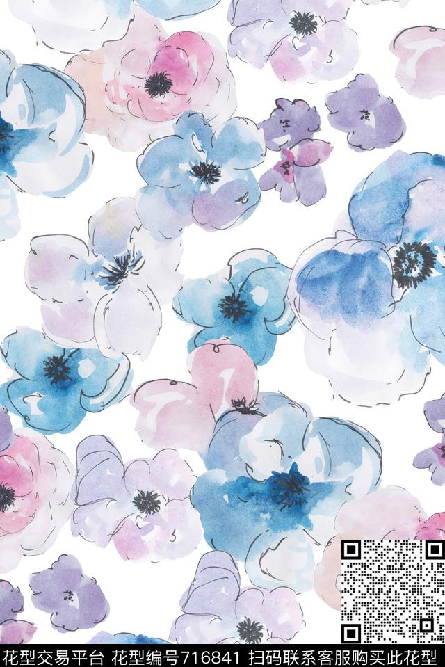 手绘日式水彩数码印花华亿平台下载（图片编号: 716841） - 瓦栏（Walan）