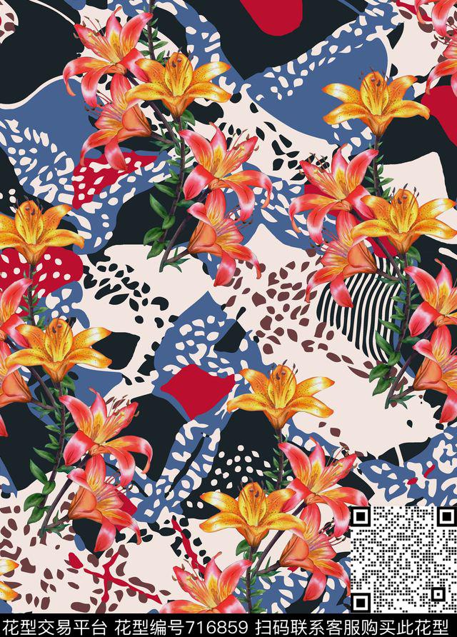 水彩花卉几何复古风格数码印花华亿平台下载（图片编号: 716859） - 瓦栏（Walan）