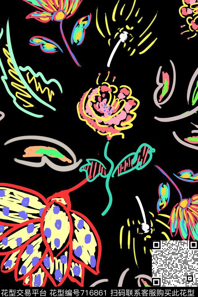 手绘趣味花卉传统印花华亿平台下载（图片编号: 716861） - 瓦栏（Walan）