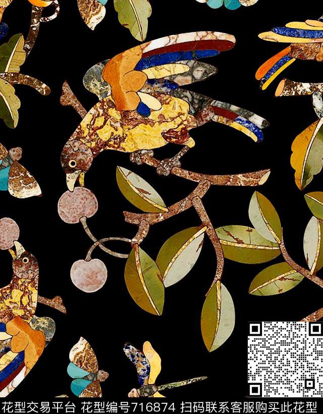 复古手绘花鸟时尚复古风花鸟数码印花华亿平台下载（图片编号: 716874） - 瓦栏（Walan）