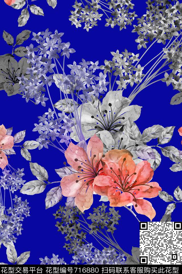 手绘花卉黑白数码印花华亿平台下载（图片编号: 716880） - 瓦栏（Walan）