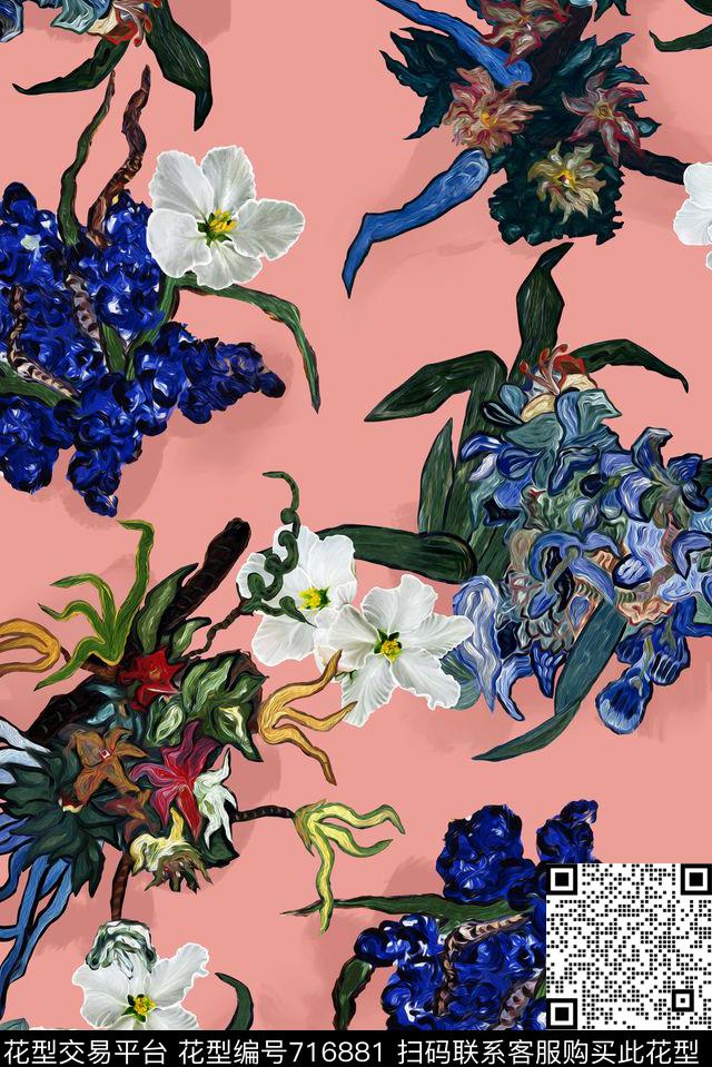 抽象油画花卉数码印花华亿平台下载（图片编号: 716881） - 瓦栏（Walan）