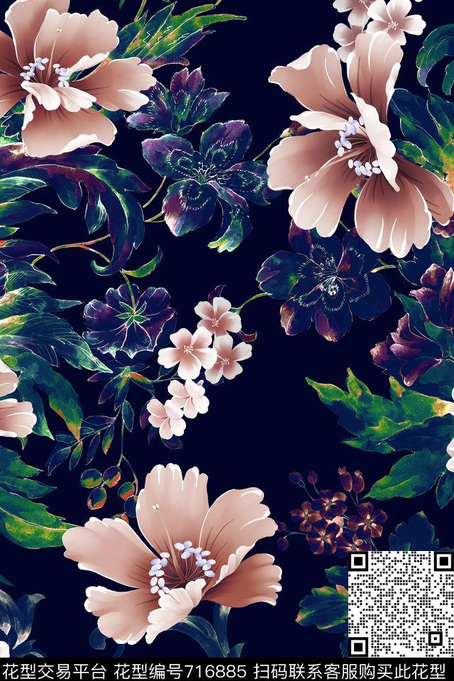 手绘水彩花卉数码印花华亿平台下载（图片编号: 716885） - 瓦栏（Walan）