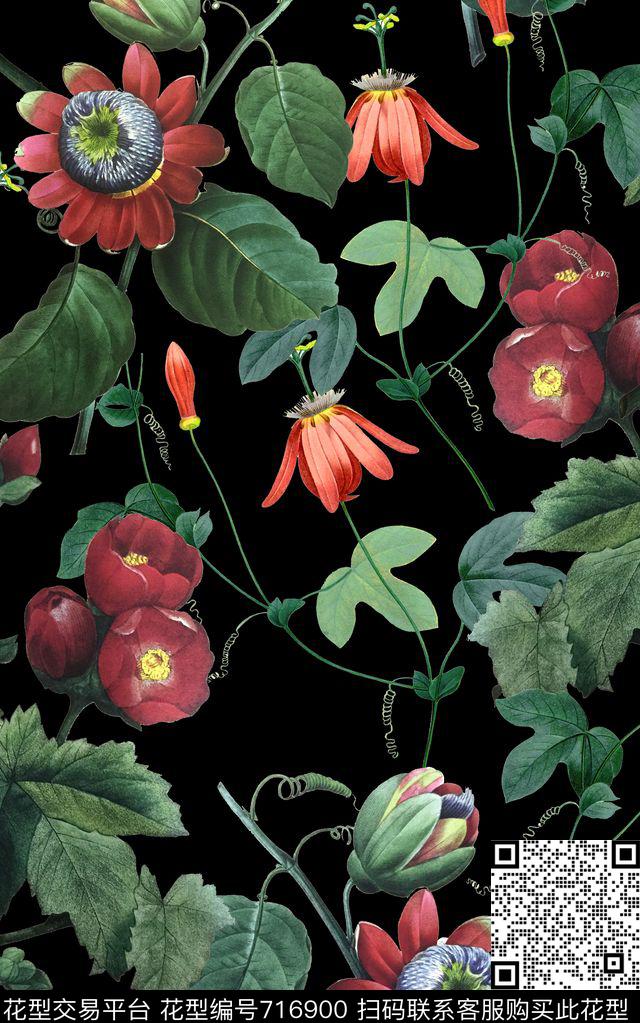 时尚大花花卉数码印花华亿平台下载（图片编号: 716900） - 瓦栏（Walan）