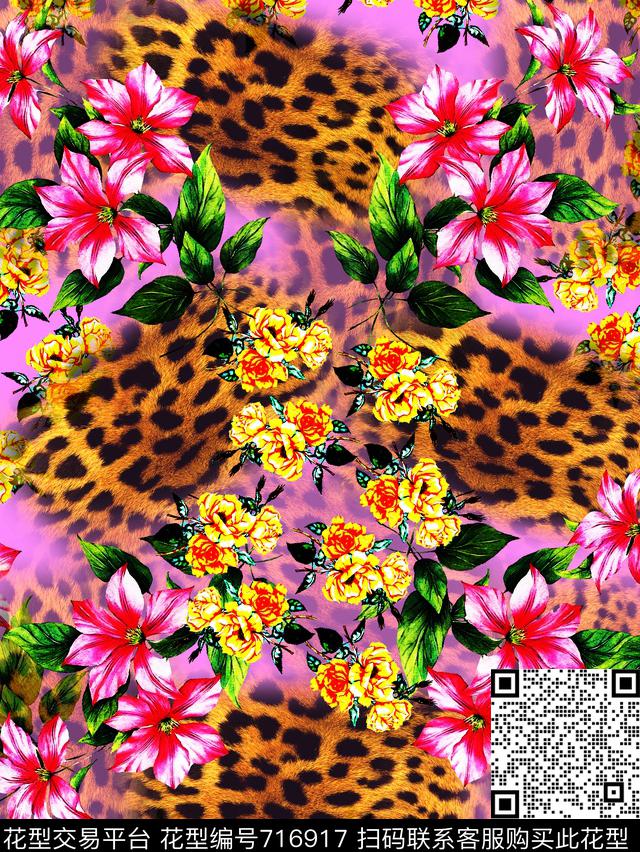 豹纹花卉百合水彩花卉数码印花华亿平台下载（图片编号: 716917） - 瓦栏（Walan）