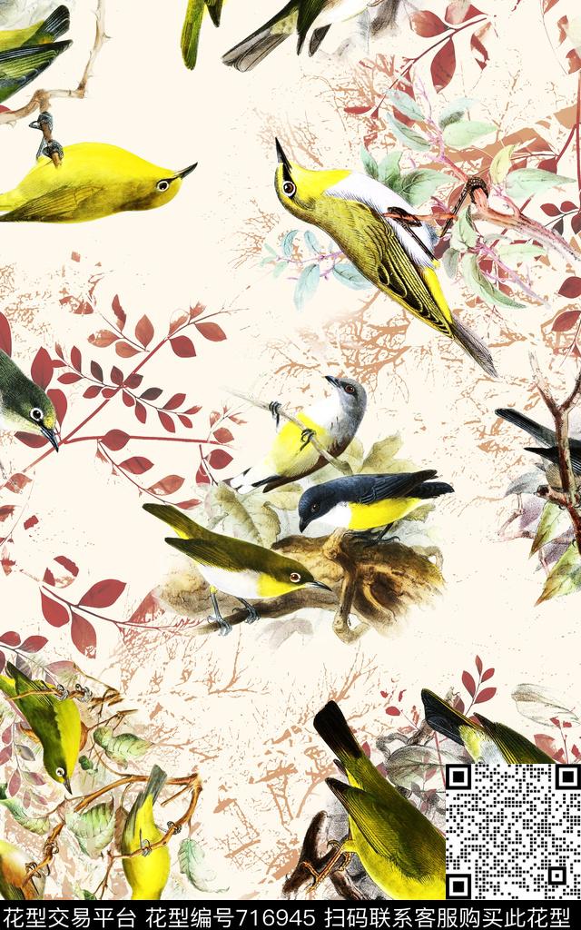 鸟动物花卉数码印花华亿平台下载（图片编号: 716945） - 瓦栏（Walan）