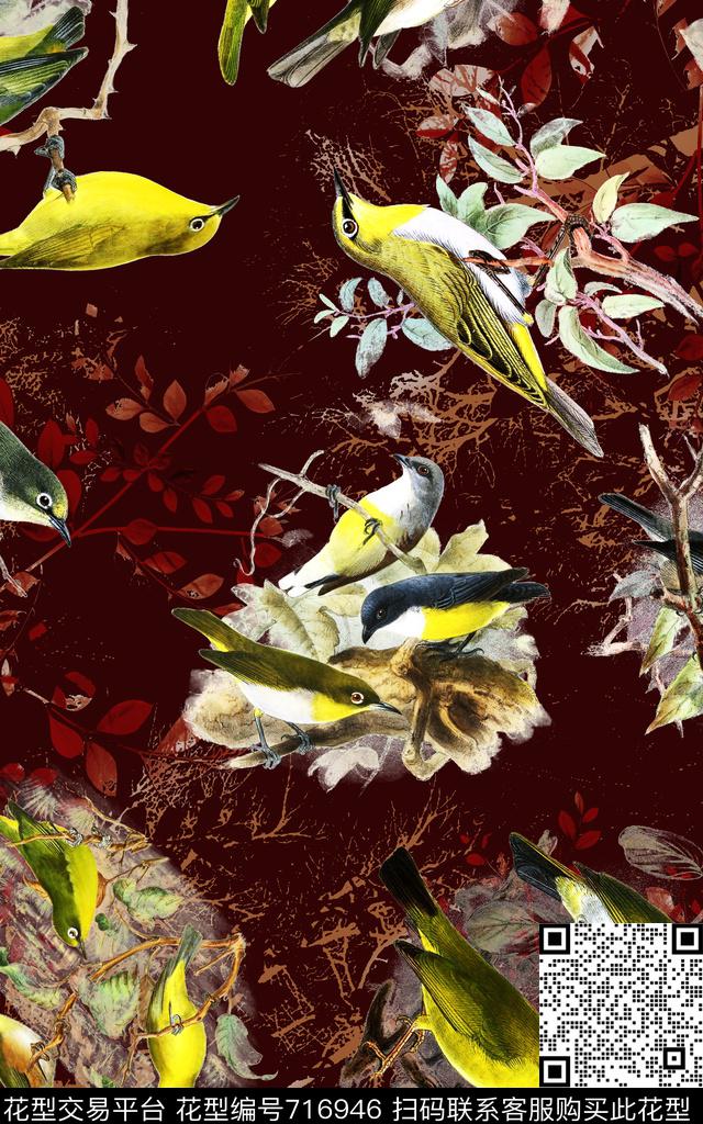鸟动物花卉数码印花华亿平台下载（图片编号: 716946） - 瓦栏（Walan）