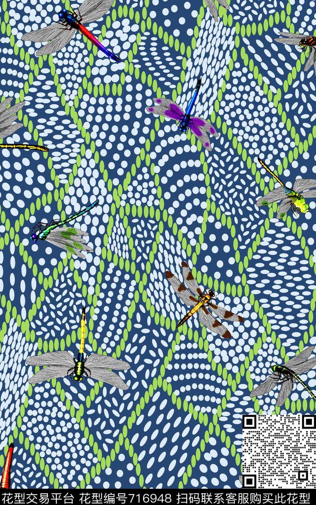 动物蜻蜓波点数码印花华亿平台下载（图片编号: 716948） - 瓦栏（Walan）
