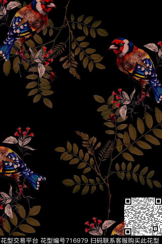 树叶鸟花卉数码印花华亿平台下载（图片编号: 716979） - 瓦栏（Walan）