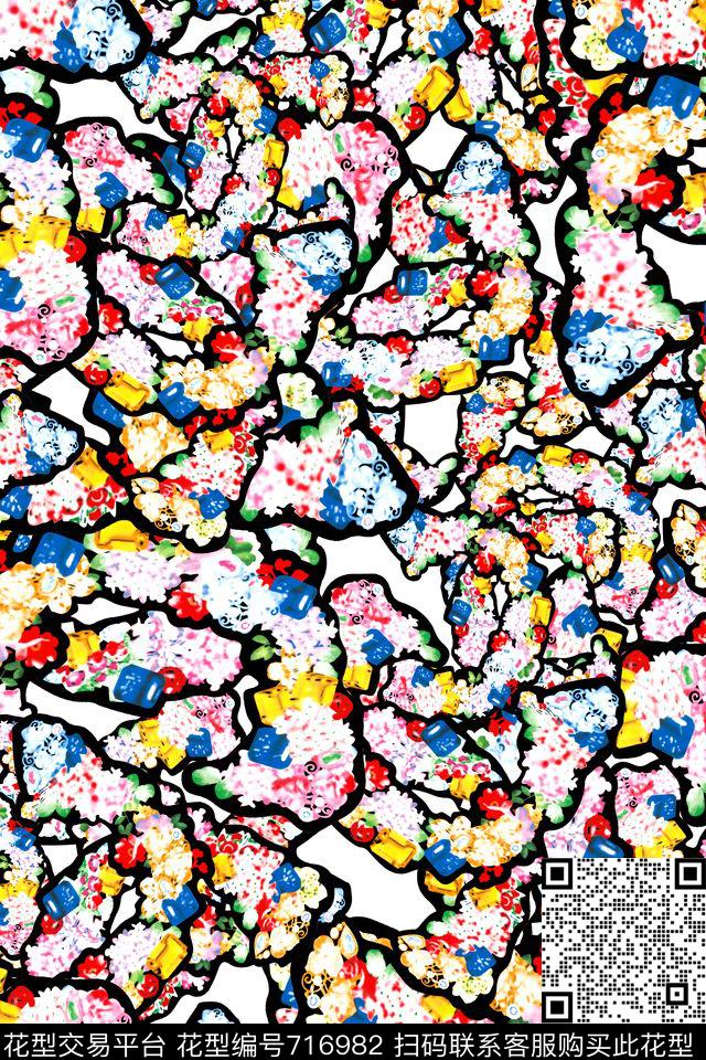 传统水彩花卉抽象几何休闲时尚数码印花华亿平台下载（图片编号: 716982） - 瓦栏（Walan）
