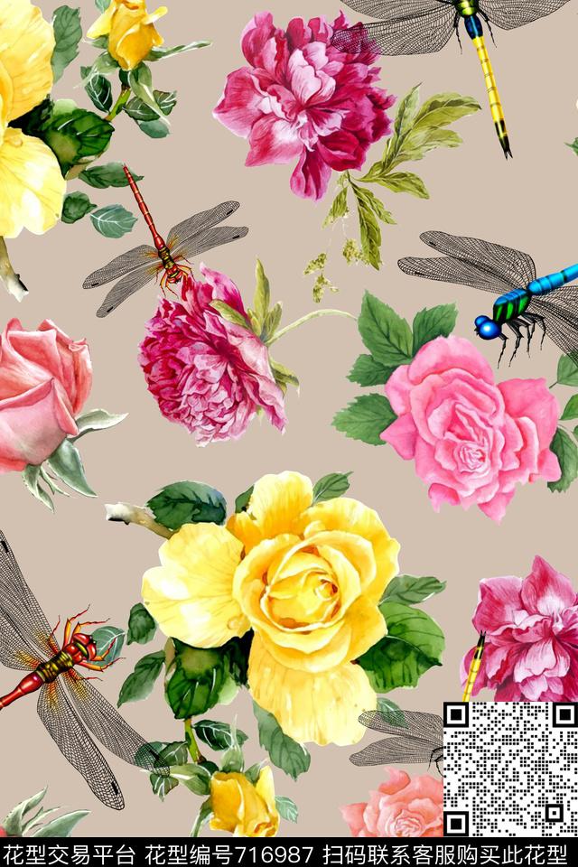 水彩花卉玫瑰数码印花华亿平台下载（图片编号: 716987） - 瓦栏（Walan）