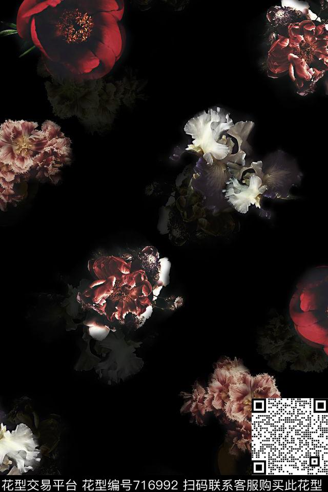 花朵花卉黑底数码印花华亿平台下载（图片编号: 716992） - 瓦栏（Walan）