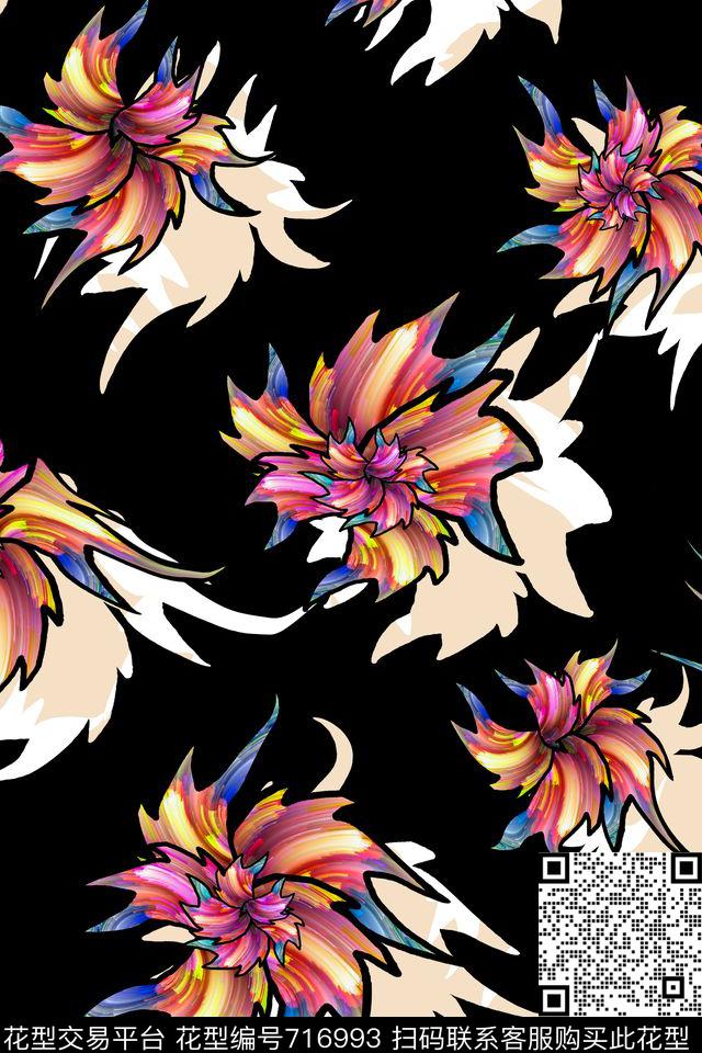 花朵花卉黑底数码印花华亿平台下载（图片编号: 716993） - 瓦栏（Walan）