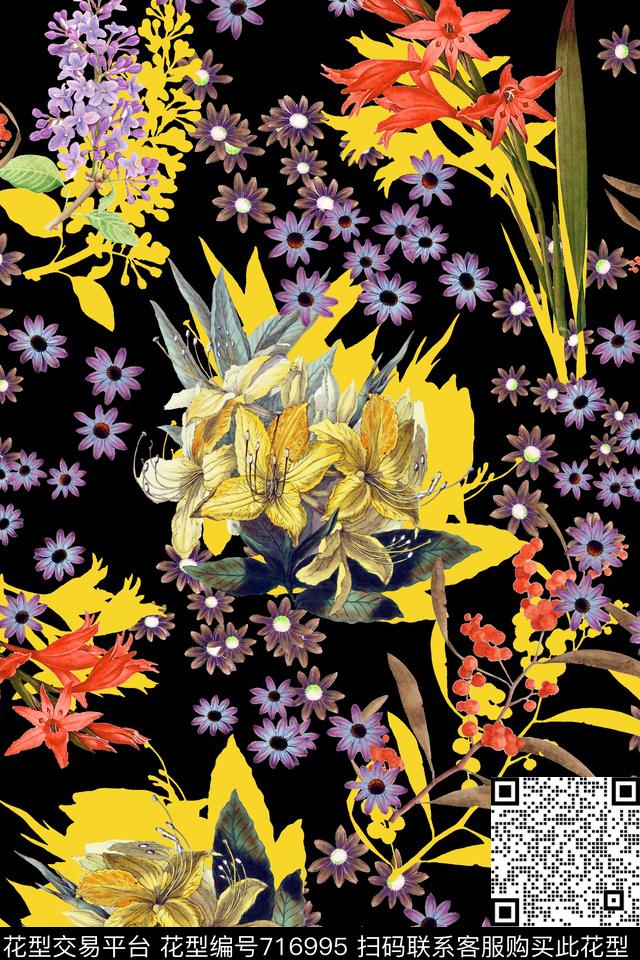 花朵花卉黑底数码印花华亿平台下载（图片编号: 716995） - 瓦栏（Walan）