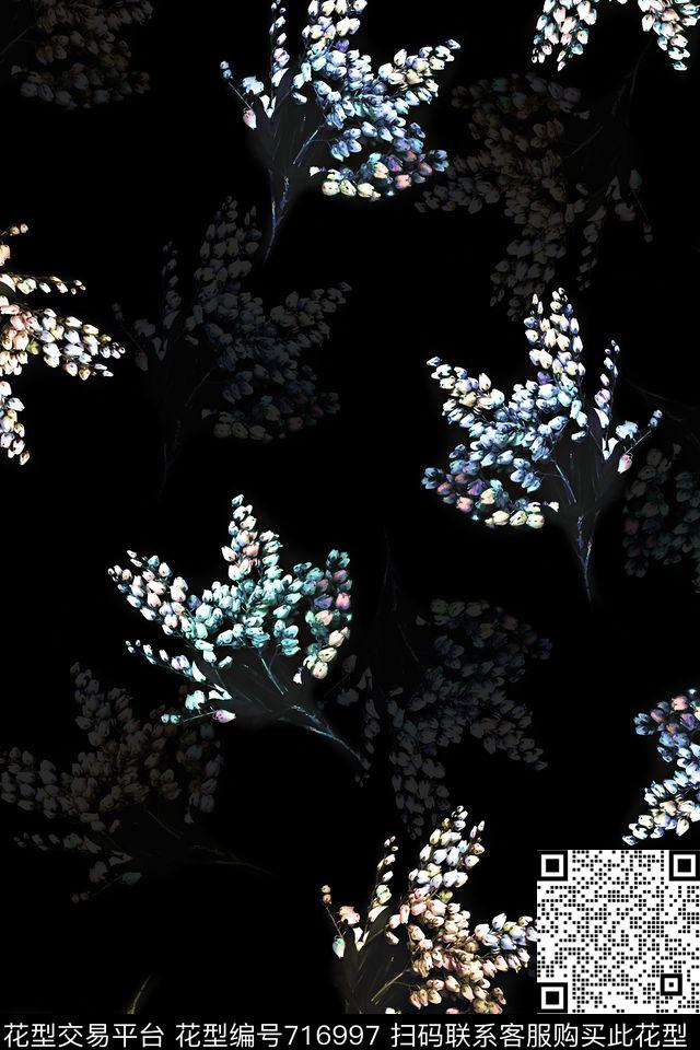 花朵花卉黑底数码印花华亿平台下载（图片编号: 716997） - 瓦栏（Walan）