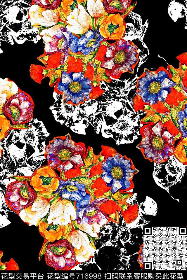 花朵花卉黑底数码印花华亿平台下载（图片编号: 716998） - 瓦栏（Walan）