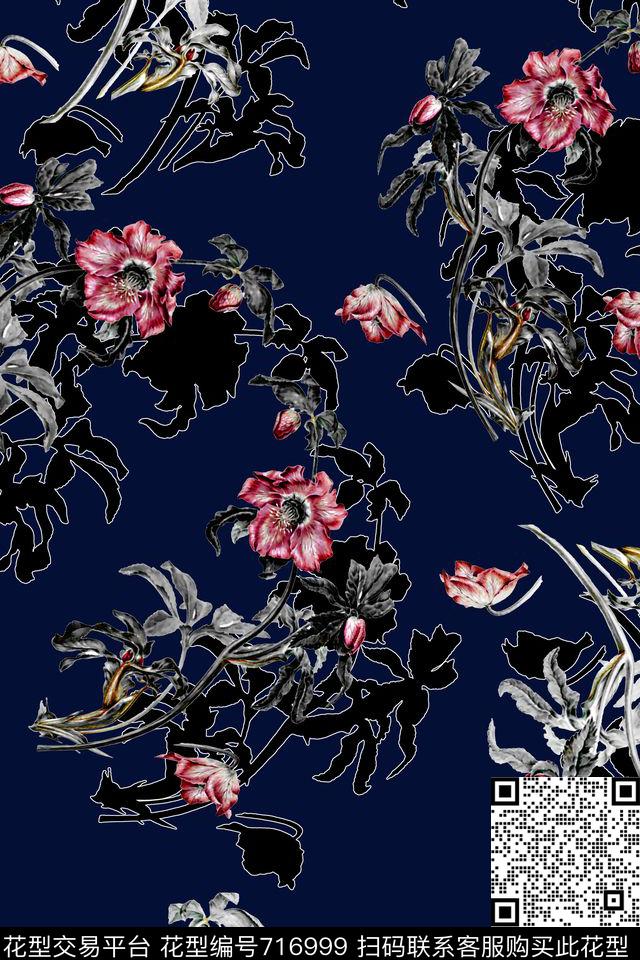 花朵花卉黑底数码印花华亿平台下载（图片编号: 716999） - 瓦栏（Walan）