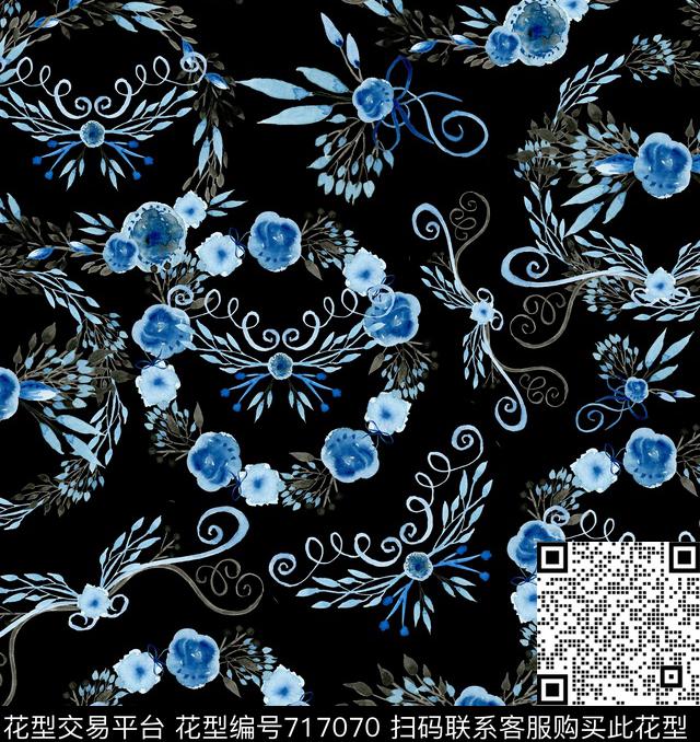 花卉手绘水墨数码印花华亿平台下载（图片编号: 717070） - 瓦栏（Walan）
