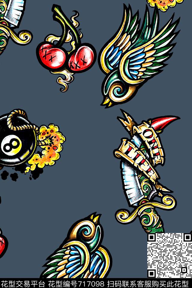 抽象手绘彩绘鸟炸弹水果花卉印花时尚潮流男装夹克外套玫瑰花印花欧美复古女装潮流外套印花数码印花华亿平台下载（图片编号: 717098） - 瓦栏（Walan）