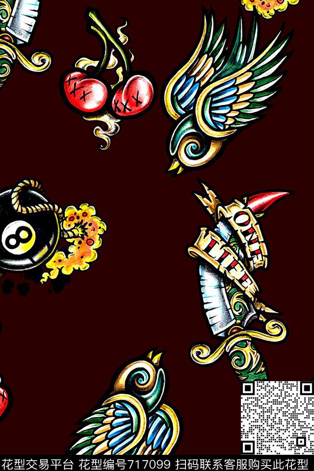 抽象手绘彩绘鸟炸弹水果花卉印花时尚潮流男装夹克外套玫瑰花印花欧美复古女装潮流外套印花数码印花华亿平台下载（图片编号: 717099） - 瓦栏（Walan）