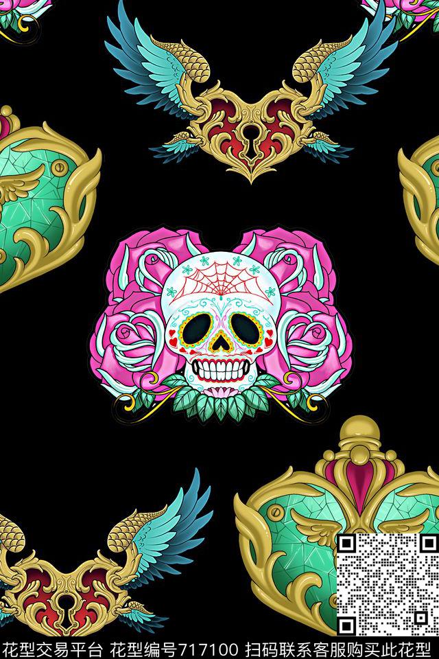抽象手绘彩绘几何骷髅头花卉印花时尚潮流男装夹克外套玫瑰花印花欧美复古女装潮流外套印花数码印花华亿平台下载（图片编号: 717100） - 瓦栏（Walan）