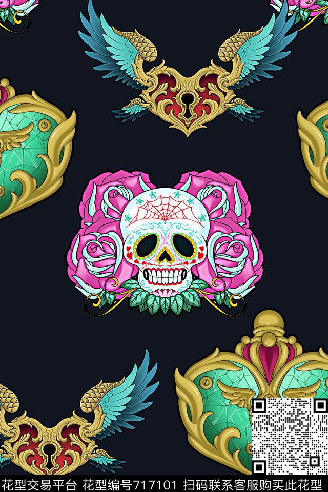 抽象手绘彩绘几何骷髅头花卉印花时尚潮流男装夹克外套玫瑰花印花欧美复古女装潮流外套印花数码印花华亿平台下载（图片编号: 717101） - 瓦栏（Walan）