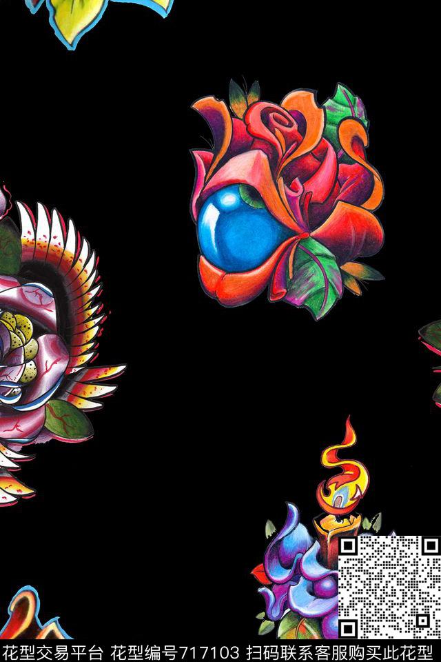 抽象手绘彩绘几何骷髅头花卉印花时尚潮流男装夹克外套玫瑰花印花欧美复古女装潮流外套印花数码印花华亿平台下载（图片编号: 717103） - 瓦栏（Walan）