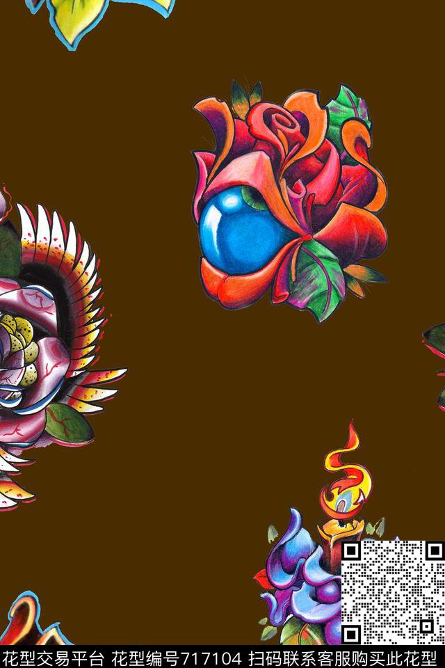 抽象手绘彩绘几何骷髅头花卉印花时尚潮流男装夹克外套玫瑰花印花欧美复古女装潮流外套印花数码印花华亿平台下载（图片编号: 717104） - 瓦栏（Walan）