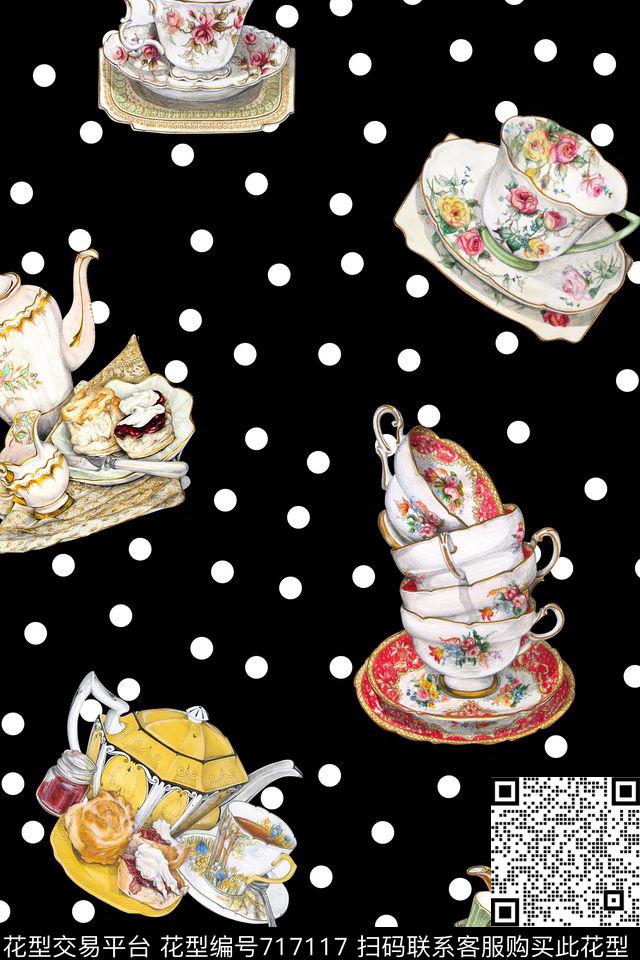 手绘器皿波点瓷盘数码印花华亿平台下载（图片编号: 717117） - 瓦栏（Walan）