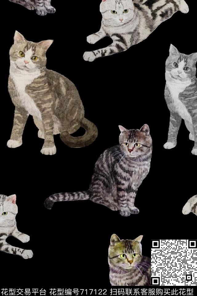 猫手绘动物数码印花华亿平台下载（图片编号: 717122） - 瓦栏（Walan）