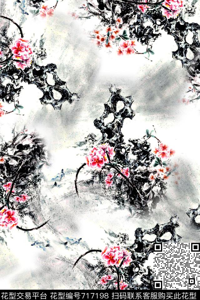 抽象手绘中国风水墨画植物梅花数码印花时尚潮流女装裙子旗袍复古印花花鸟印花数码印花华亿平台下载（图片编号: 717198） - 瓦栏（Walan）