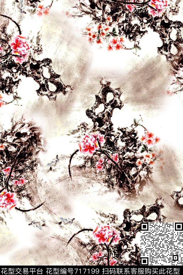 抽象手绘中国风水墨画植物梅花数码印花时尚潮流女装裙子旗袍复古印花花鸟印花数码印花华亿平台下载（图片编号: 717199） - 瓦栏（Walan）