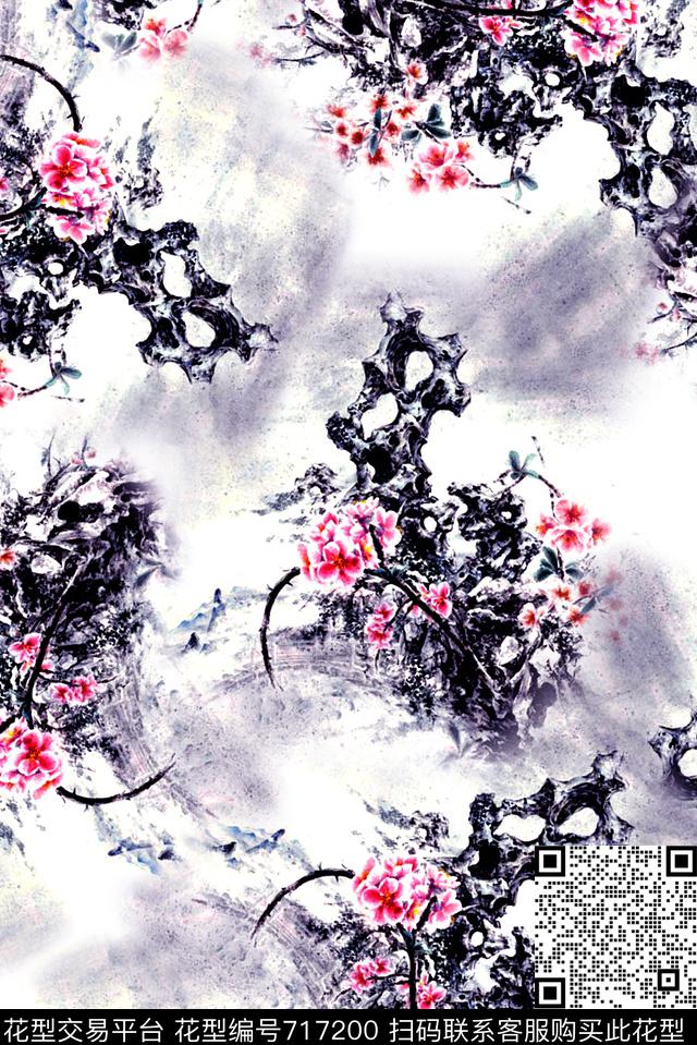 抽象手绘中国风水墨画植物梅花数码印花时尚潮流女装裙子旗袍复古印花花鸟印花数码印花华亿平台下载（图片编号: 717200） - 瓦栏（Walan）
