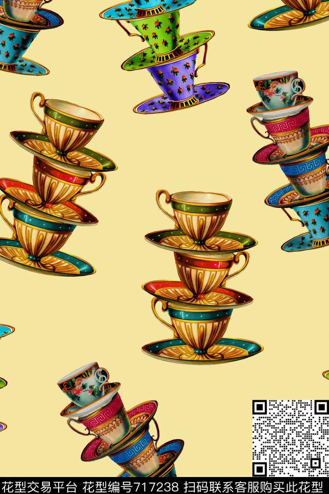 手绘茶具杯子数码印花华亿平台下载（图片编号: 717238） - 瓦栏（Walan）