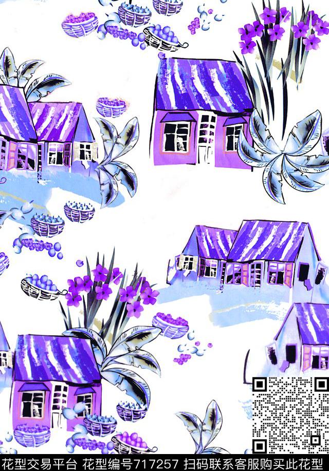 小碎花花卉线条数码印花华亿平台下载（图片编号: 717257） - 瓦栏（Walan）