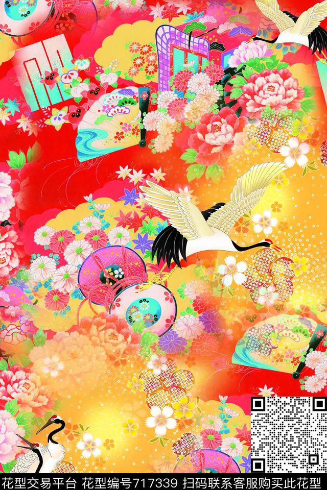 中国风东方风格仙鹤数码印花华亿平台下载（图片编号: 717339） - 瓦栏（Walan）