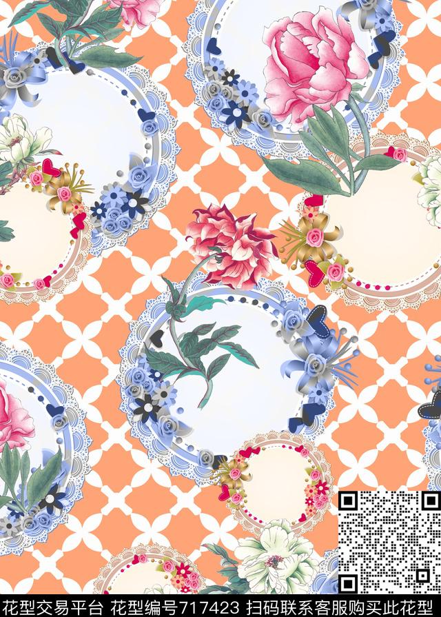 棱形格大花花卉数码印花华亿平台下载（图片编号: 717423） - 瓦栏（Walan）