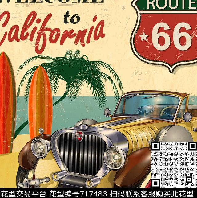 趣味汽车热带风情老式汽车数码印花华亿平台下载（图片编号: 717483） - 瓦栏（Walan）