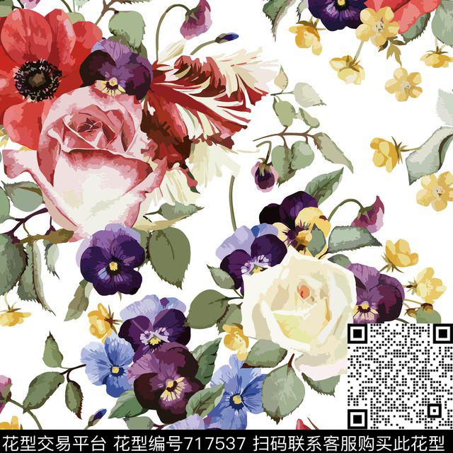 牵牛花玫瑰花欧美数码印花华亿平台下载（图片编号: 717537） - 瓦栏（Walan）