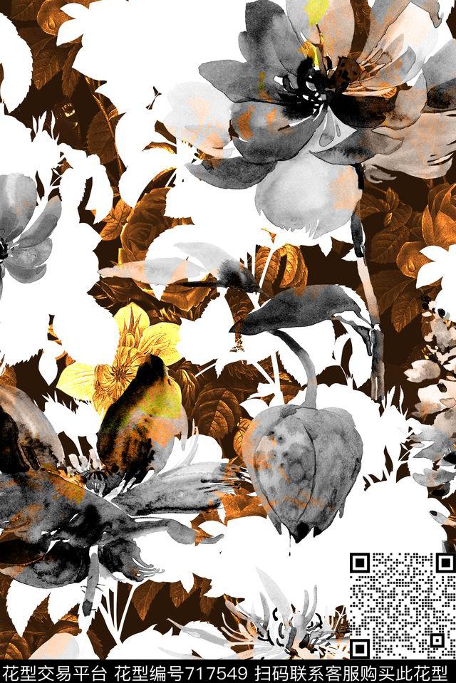 抽象手绘水彩画几何花卉数码印花时尚潮流女装裙子满版印花欧美复古大牌女装夹克外套印花数码印花华亿平台下载（图片编号: 717549） - 瓦栏（Walan）