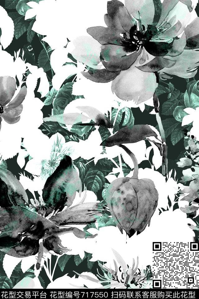 抽象手绘水彩画几何花卉数码印花时尚潮流女装裙子满版印花欧美复古大牌女装夹克外套印花数码印花华亿平台下载（图片编号: 717550） - 瓦栏（Walan）