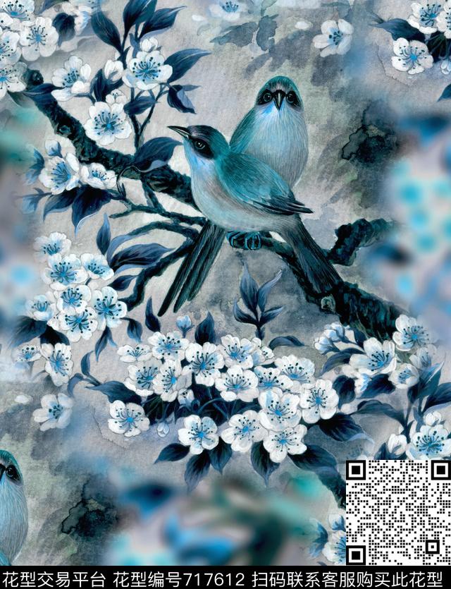 中国风复古花鸟数码印花华亿平台下载（图片编号: 717612） - 瓦栏（Walan）