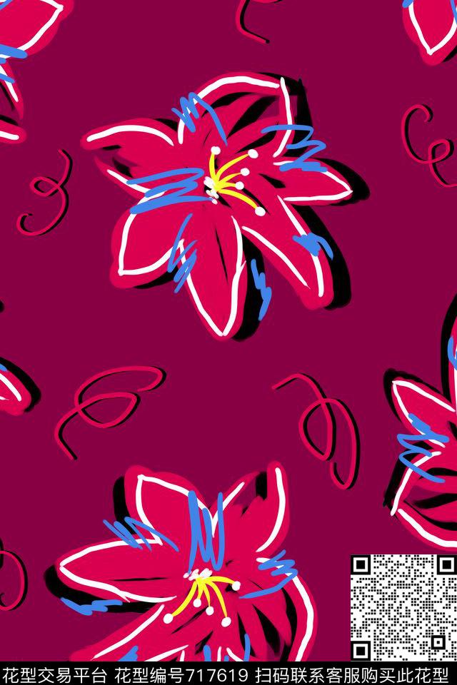 趣味手绘花卉传统印花华亿平台下载（图片编号: 717619） - 瓦栏（Walan）