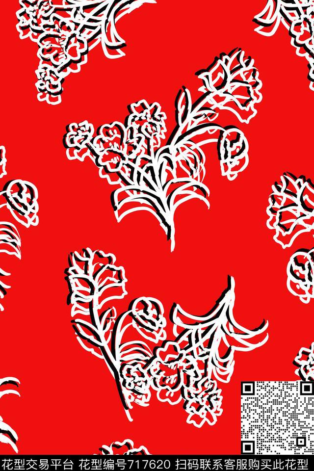 趣味手绘花卉传统印花华亿平台下载（图片编号: 717620） - 瓦栏（Walan）